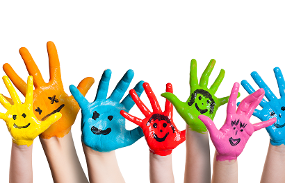 Brightly coloured painted hands with happy faces painted on 